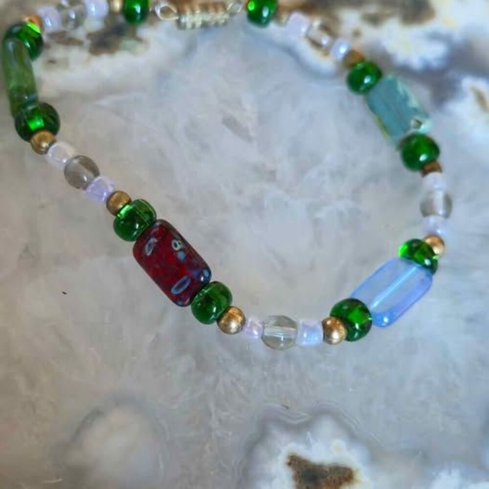 Green & Blue Beaded Bracelet | Mixed New & Repurposed Beads | Screw Clasp